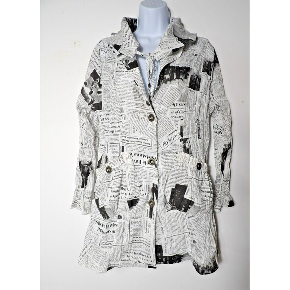 Ki Meng Top Cardigan Blouse Jacket Medium Newspaper Print Lagenlook Art to Wear - Picture 1 of 13